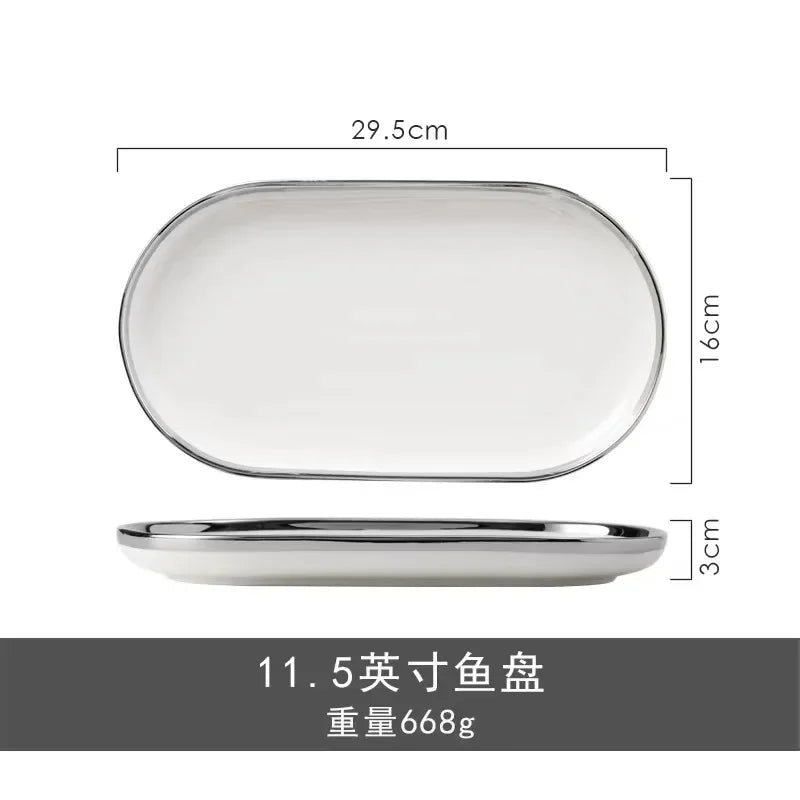 Marble Patterned Light Luxury Silver Edged Household Dishes, Spoons, High-end Dishes, Ceramic Soup Bowls, Modern Tableware