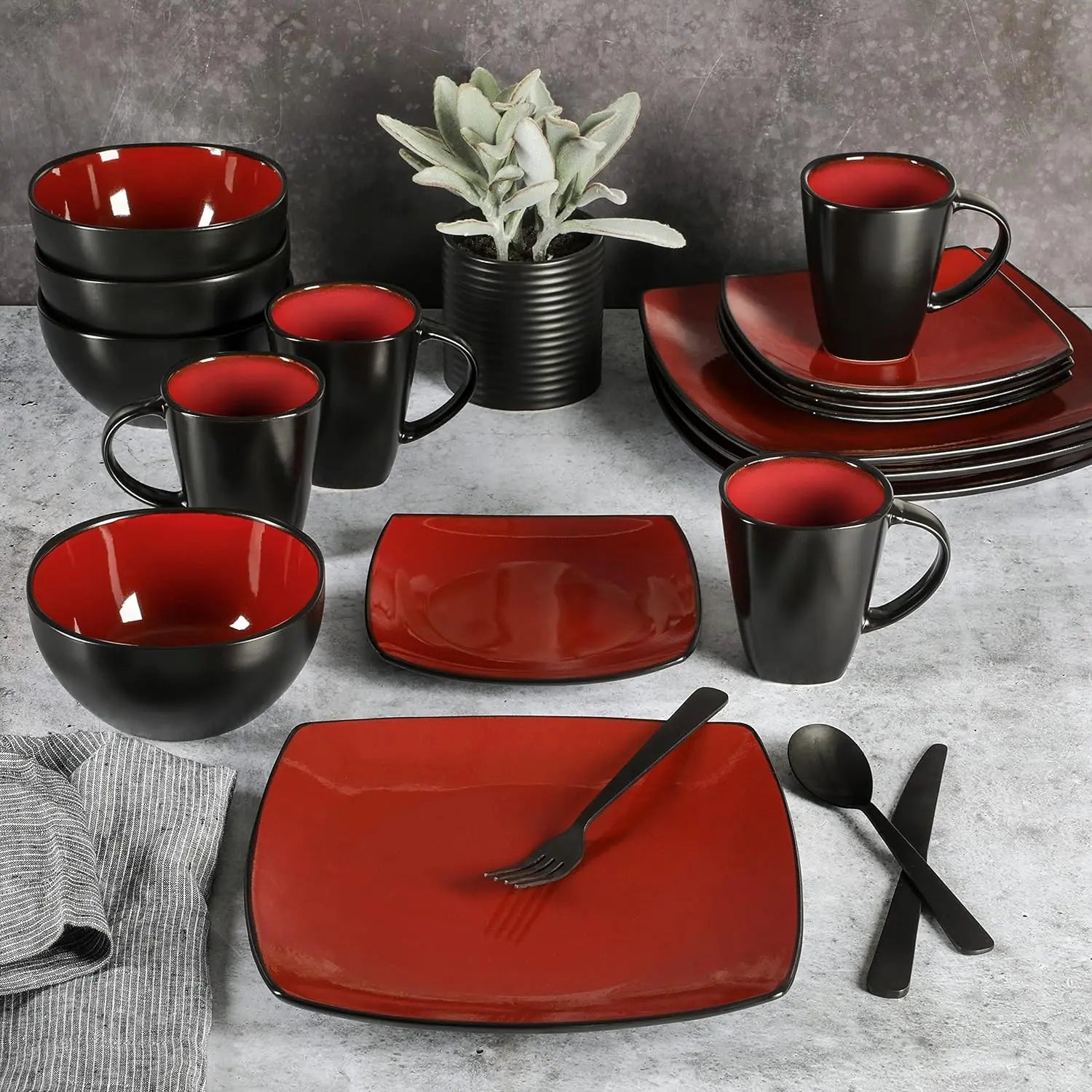 Gibson Soho Lounge Square Reactive Glaze Dinnerware Set, Red, Service for 4 (16pcs)