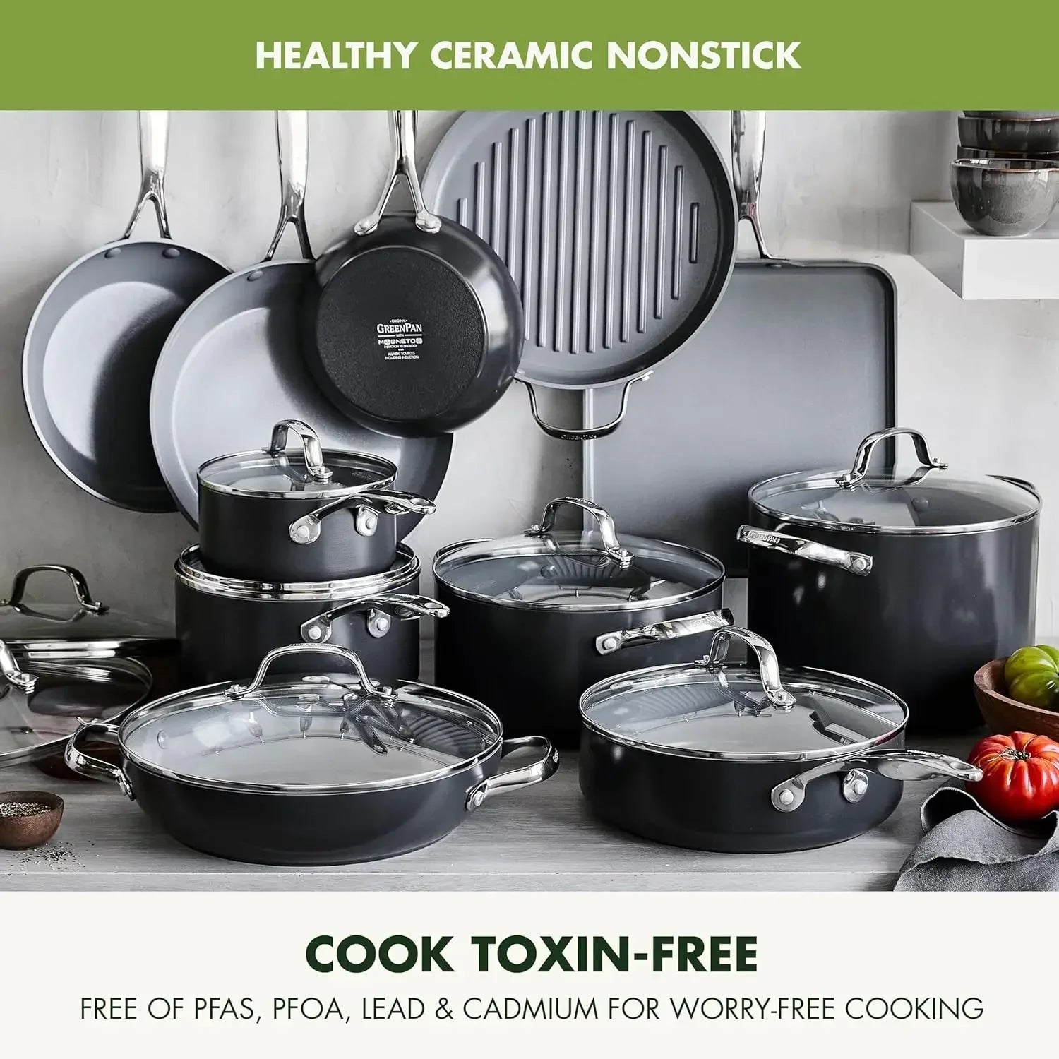 GreenPan Valencia Pro Hard Anodized Healthy Ceramic Nonstick 22 Piece Cookware Pots & Pans Set, Fry Grill, Griddle, Saute & Sauc