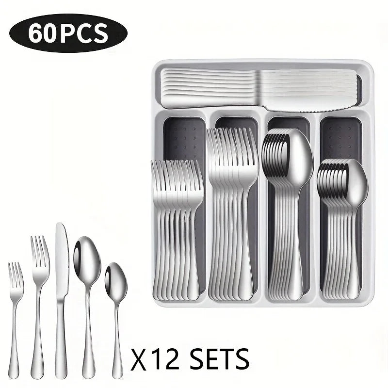 60 Pieces Cutlery Set with Drawer Storage Box Including Knives, Forks Spoons  Dishwasher Safe Suitable Dinnerware Set