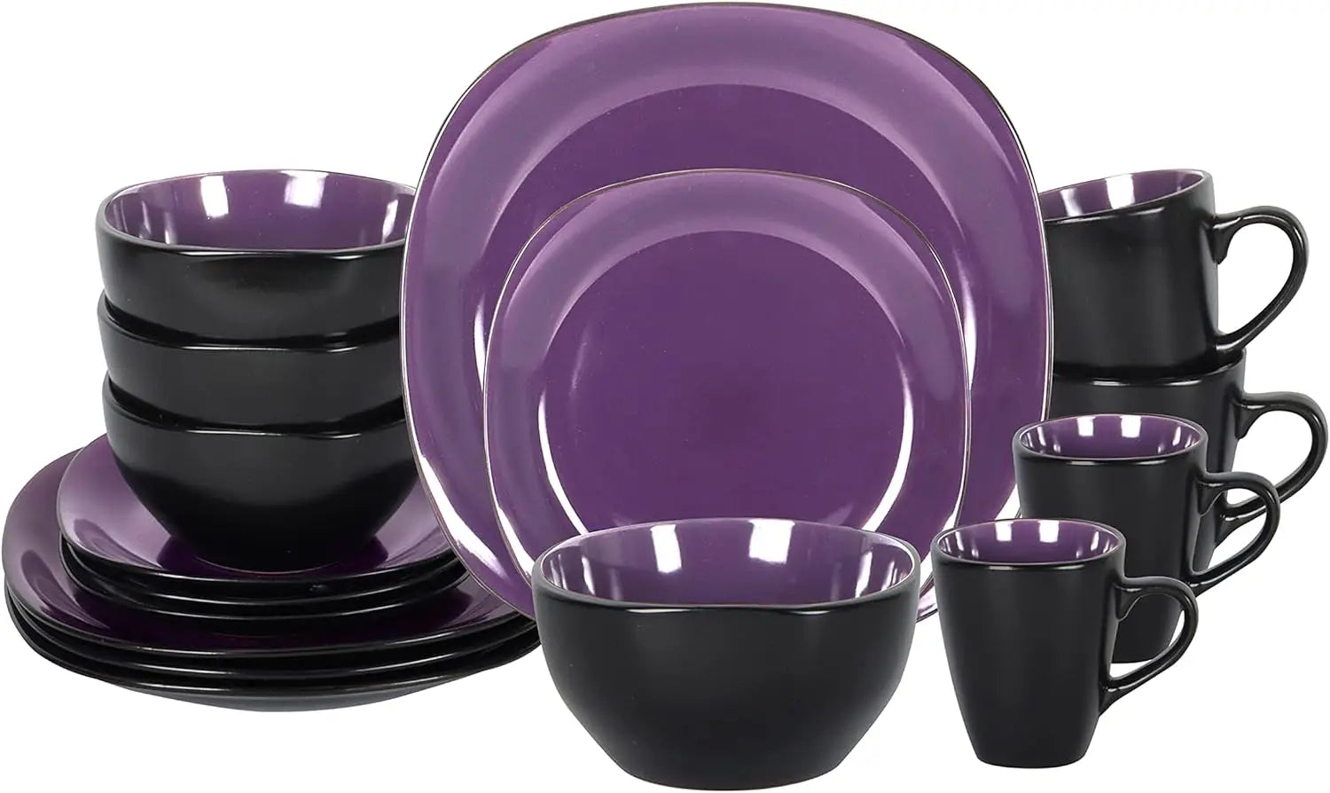 Stoneware Square 16pc Dinnerware Set, Inside Shiny Purple and Outside Matte Black