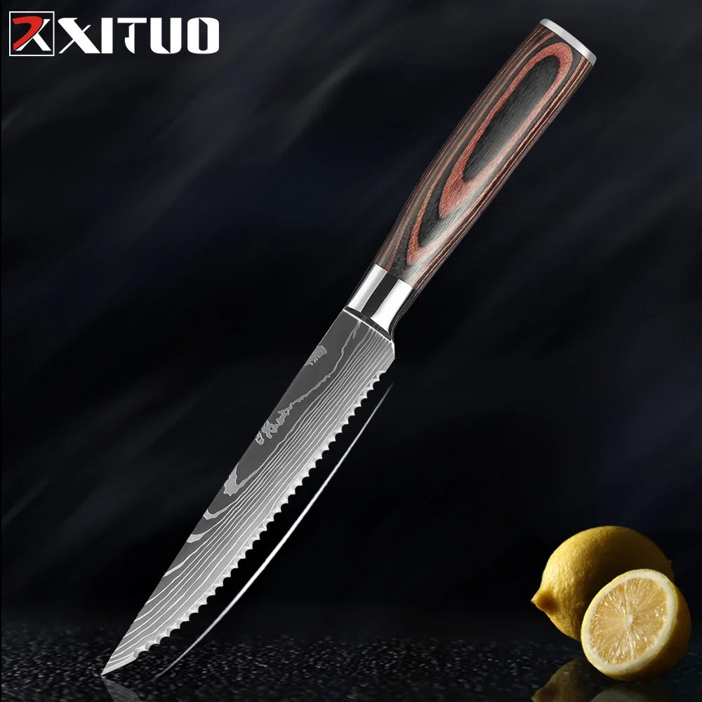 Professional Kitchen Knife Set 1-9PCS, Sharp Chef Knife Santoku Knife Fruit knife 7Cr17Mov Stainless Steel Ergonomic Wood Handle