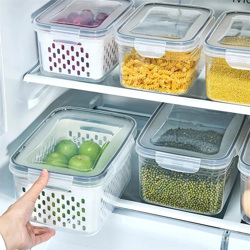 3Pack Fridge Food Storage Container Set with Lids with Strainer Kitchen Storage Boxes Fruit Vegetable  Organizer