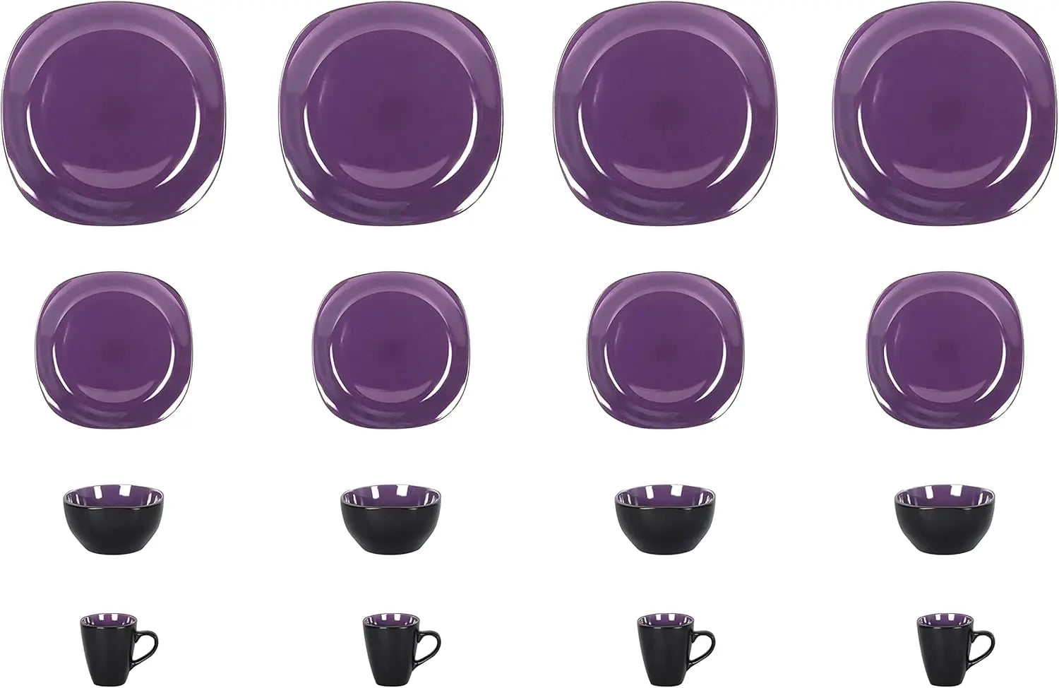 Stoneware Square 16pc Dinnerware Set, Inside Shiny Purple and Outside Matte Black