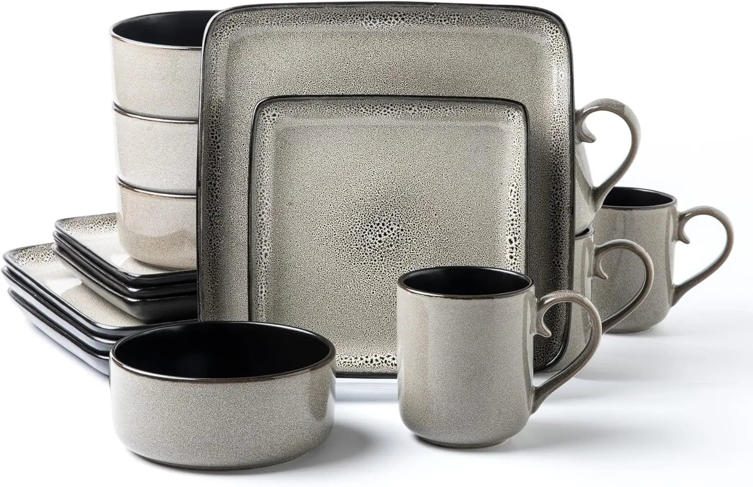 Square Stoneware Dinnerware Set for 4, Dinner Plates, Side Plates, Cereal Bowls, Mugs - Reactive Glaze