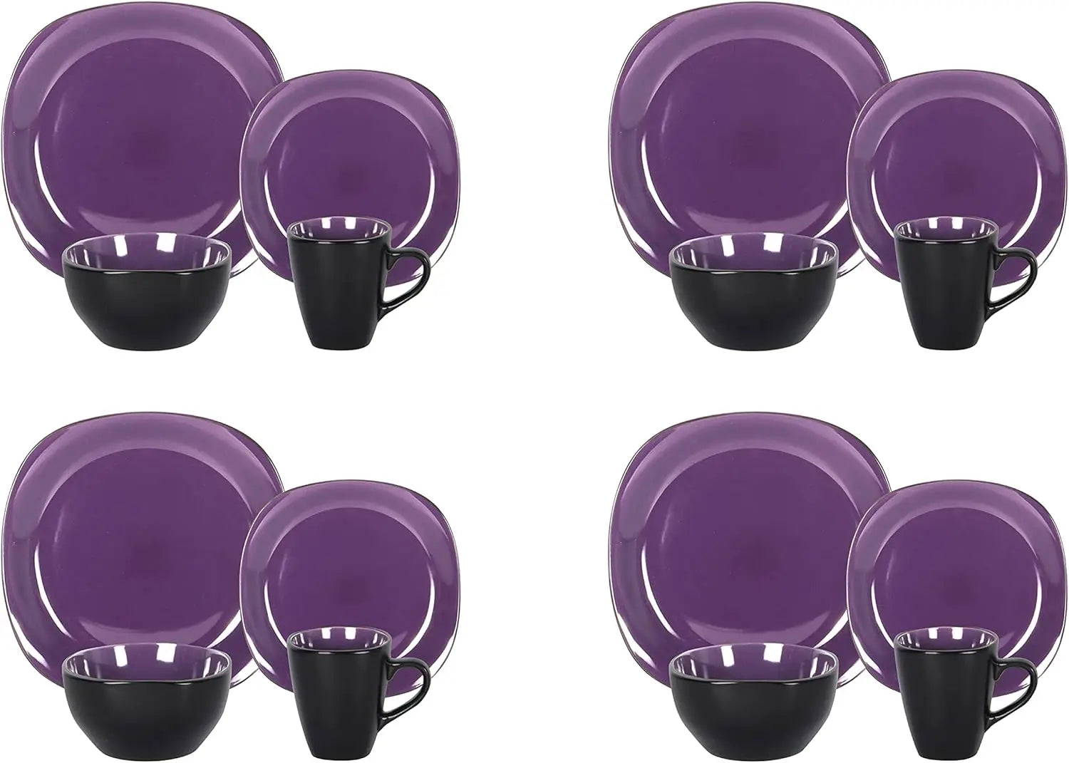 Stoneware Square 16pc Dinnerware Set, Inside Shiny Purple and Outside Matte Black