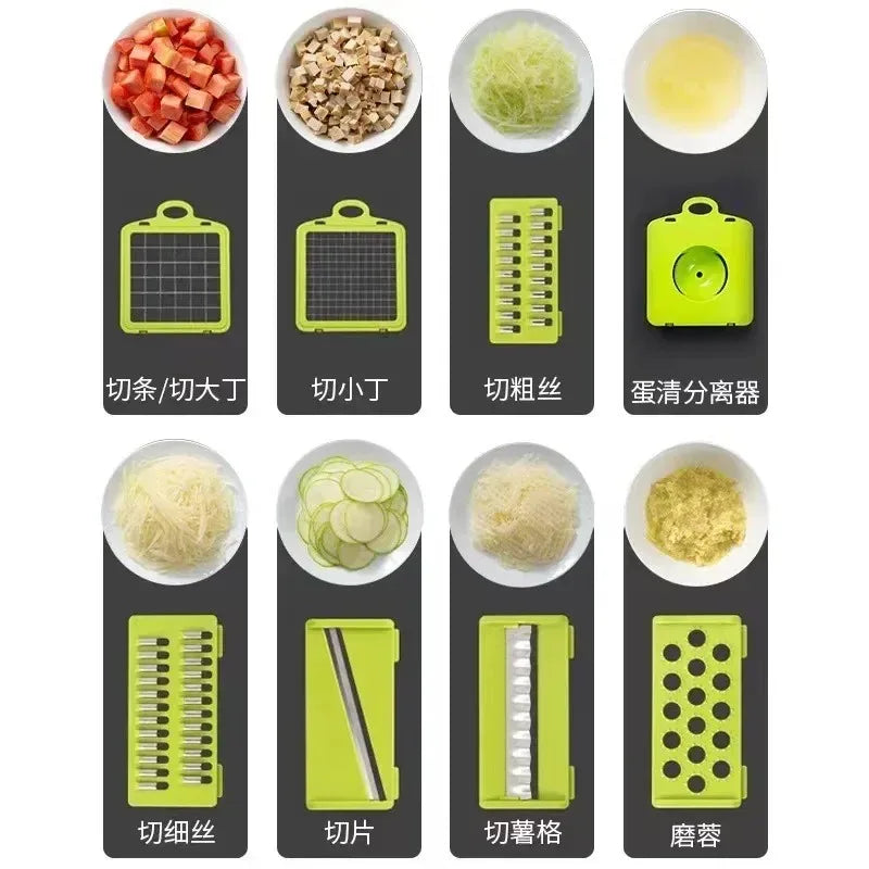 1Pc Green Black 14 in 1 Multifunctional Vegetable Slicer Cutter Shredders Slicer with Basket Fruit Potato Chopper Carrot Grater