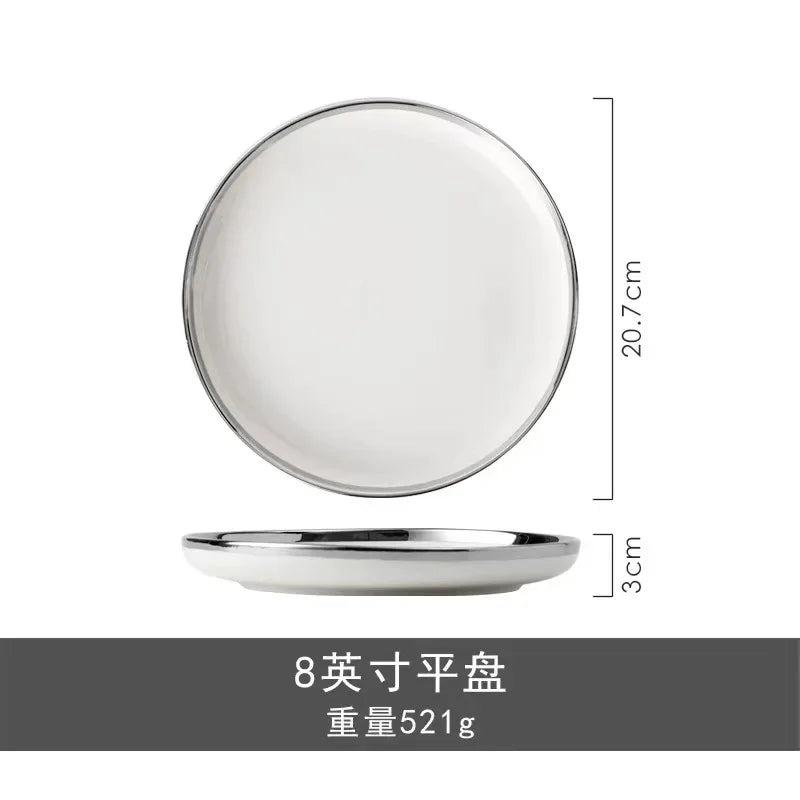 Marble Patterned Light Luxury Silver Edged Household Dishes, Spoons, High-end Dishes, Ceramic Soup Bowls, Modern Tableware