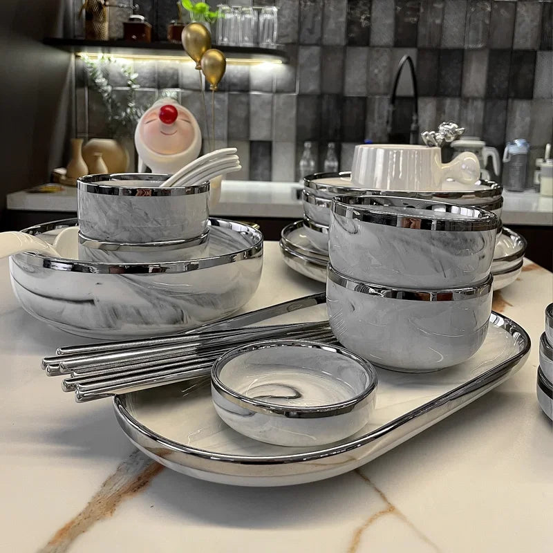 Marble Patterned Light Luxury Silver Edged Household Dishes, Spoons, High-end Dishes, Ceramic Soup Bowls, Modern Tableware