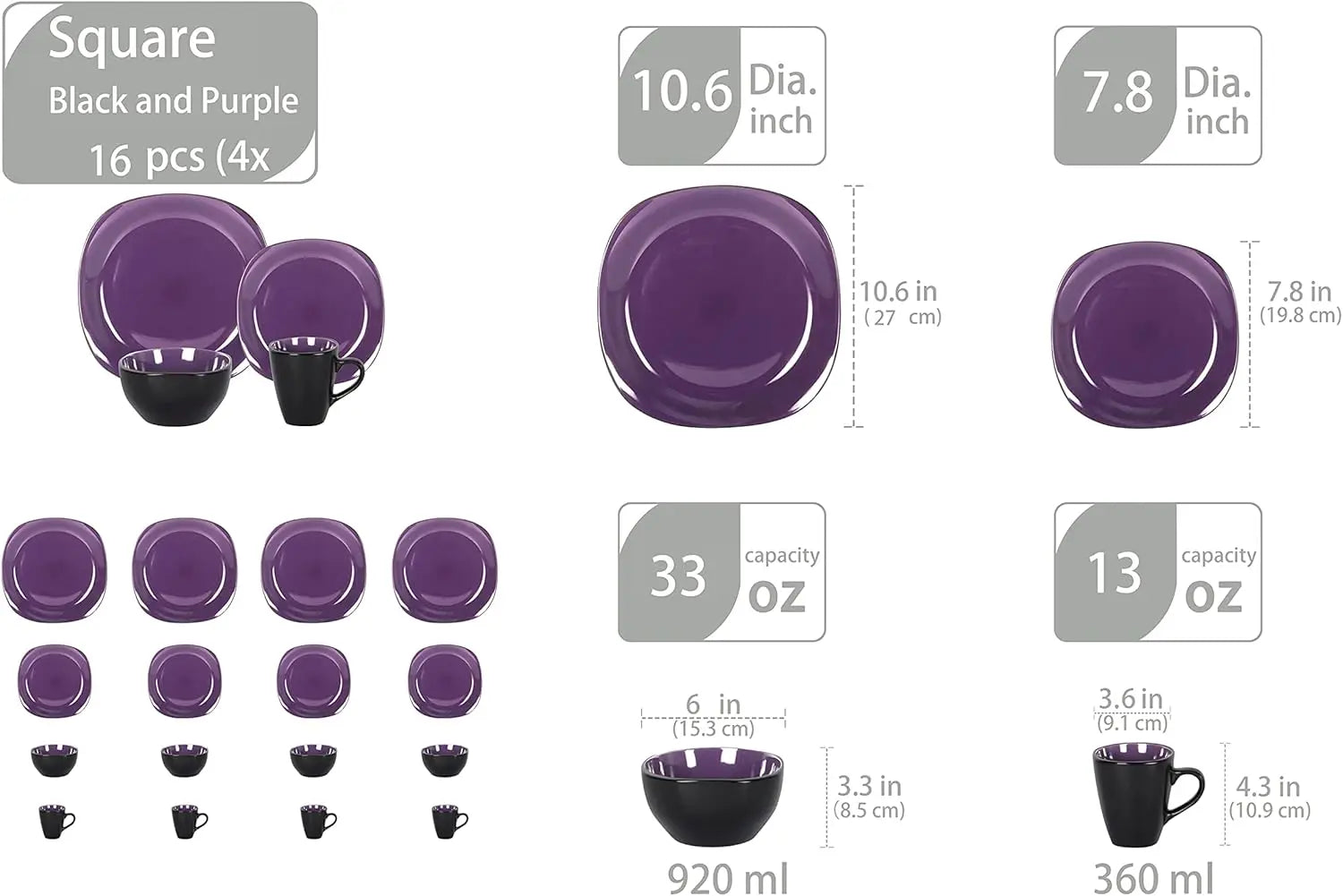 Stoneware Square 16pc Dinnerware Set, Inside Shiny Purple and Outside Matte Black